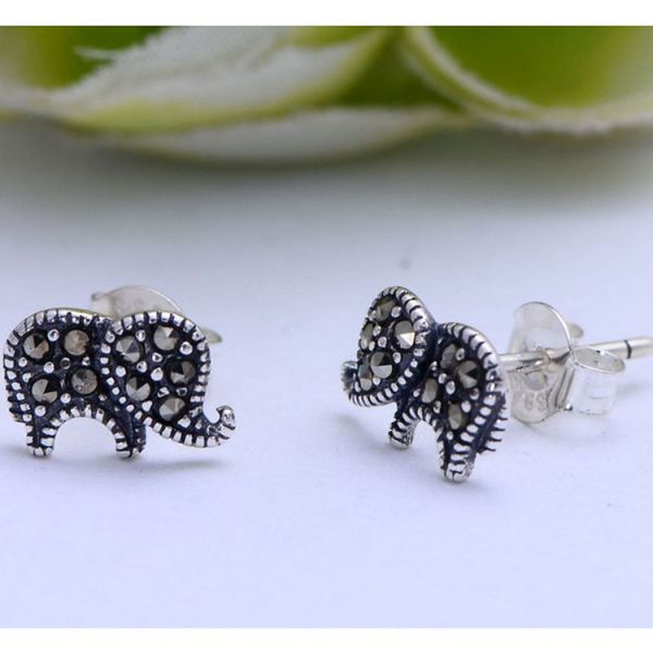 Elephant Shape Thai 925 Silver Marcastie Stud Earrings (XH028447W)