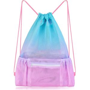 Gym Beach Mesh Drawstring Bag With Zipper Pocket For Swimming Gear Storage