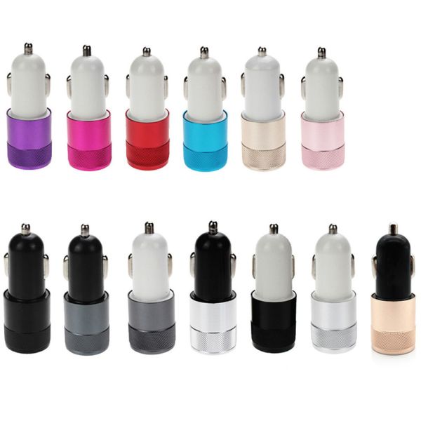 5V2.1A knurling dual USB car charger for mobile phone metal rings type