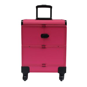 Pink Leather Makeup Trolley Case With Wheels