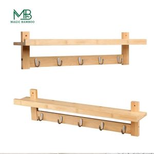 Convenient Living Room Storage Bamboo Wall-Mounted Coat Hook Rack with Upper