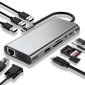 USB C Hub Type-C To USB 3.0 HDMI VGA RJ45 Lan SD TF Audio USB Grey Multiport