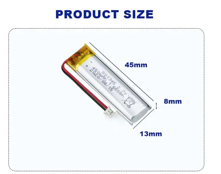 CB IEC62133 Li Ion Battery Pack 3.7V Lithium Battery 801345 450mAh Smart Home Lithium Battery
