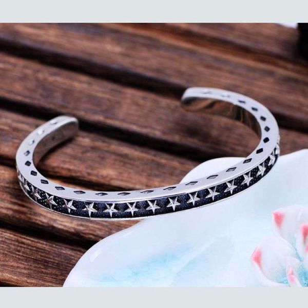 Vintage Black Rhodium Plated Thai 925 Sterling Silver Star Bangle Bracelet(XH057344W)