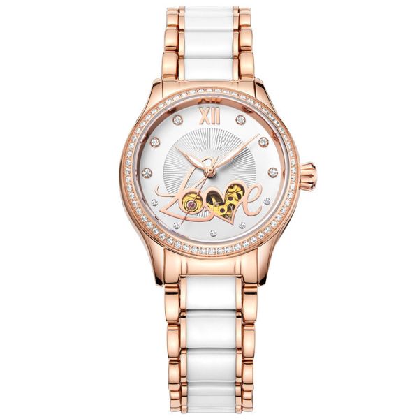 Buy Ladies Manual Wind Up Watches Mechanical Fashion Skeleton Steel Ceramic Watch at wholesale prices