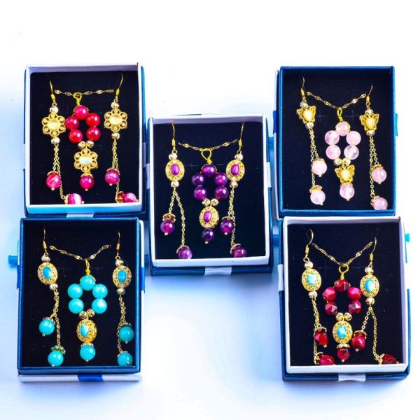 Buy Handmade Gemstone Beaded Necklace And Earring Set Copper Gold Plating at wholesale prices