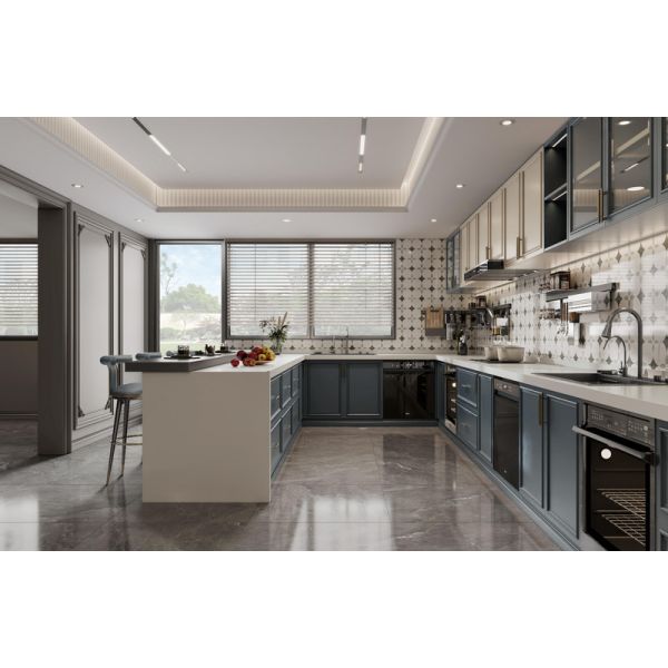 Versatile French Style Kitchen Cabinet With Indigo Blue And Cream Contrasting Design