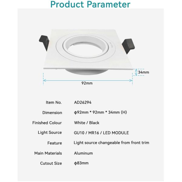 Commercial Square Recessed Spotlight Frame with 20° Tilt and Rotating Housing