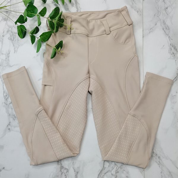 Beige Khaki Children Horse Riding Silicone Grip Full Seat Breeches With Phone Pocket