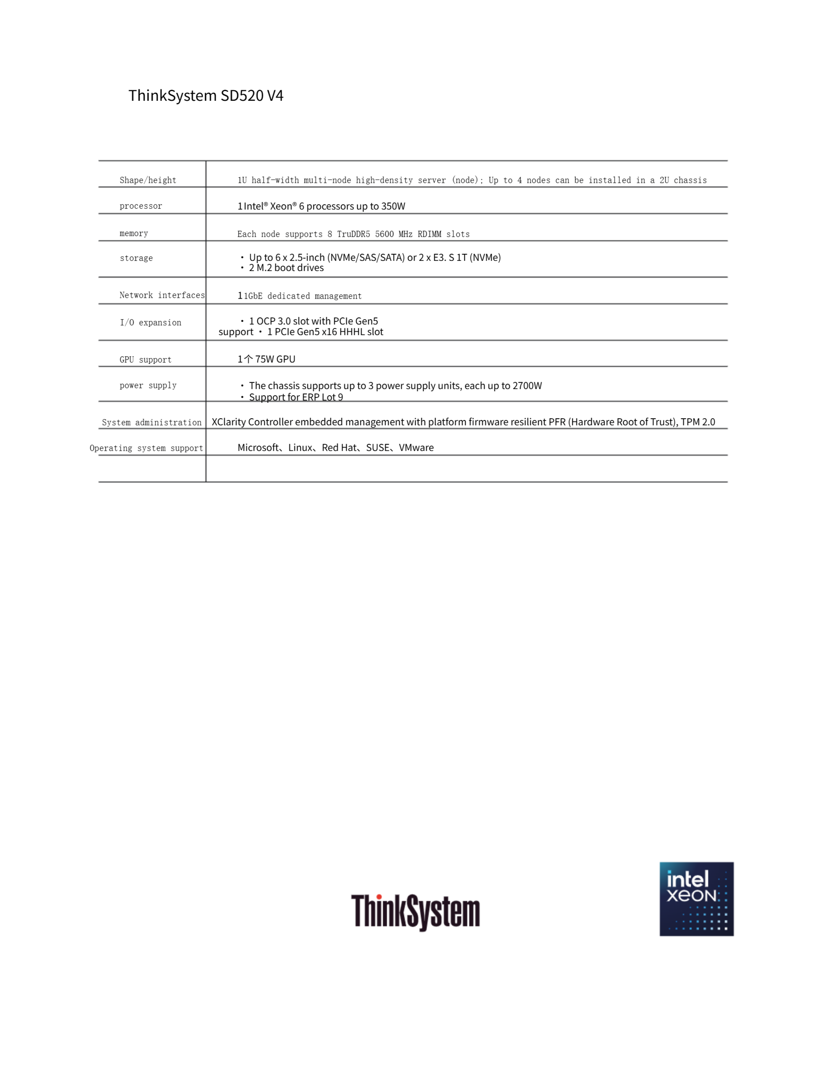 Lenovo ThinkSystem SD520 V4 2U Rack Server with Intel Xeon Scalable