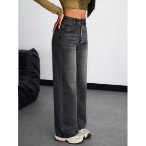 Inky gray high-waisted straight-leg jeans for women
