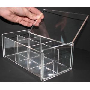 Quality transparent acrylic divided storage box with rotated lid for sale