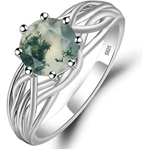 Natural Moss Agate Flower Shape Marquise Blossom CZ Wedding Cluster Ring