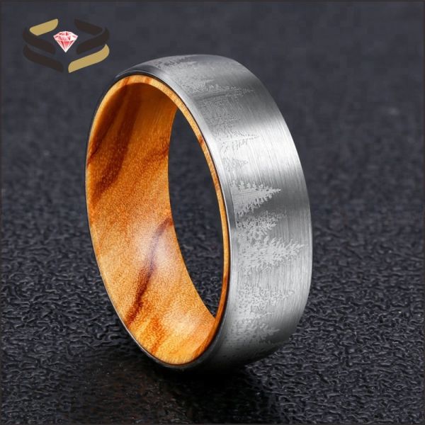 8mm Silver Tungsten Ring showcasing Olive Wood Interior and Forest Laser Engraved Design for Wedding or Gift Material Type Other