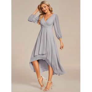 Elegant Empire Long Sleeve V-neck High Low A-line Ruffled Midi Dusty Chiffon