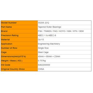 High Speed 30208 J2/Q Single Row Tapered Roller Bearings Size Chart