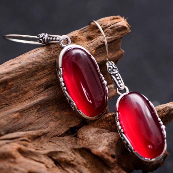Sterling 925 Silver Retro Oval Synthetic Ruby Drop Dangle Earrings (049012)