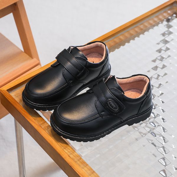 26-45 Black Leather School Shoes with Flat Heel and Laces Made