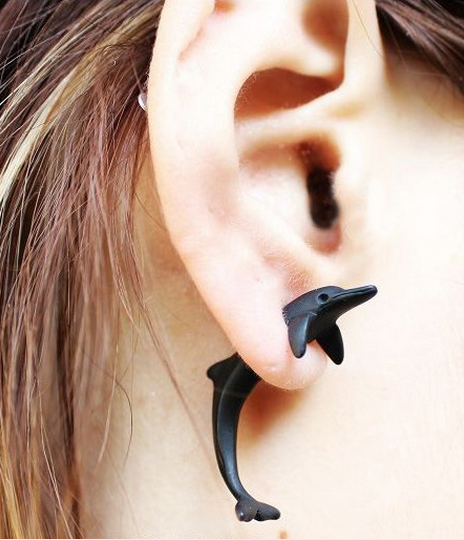 Harajuku fluorescence stereo animal cute dolphin earrings piercing punk ring