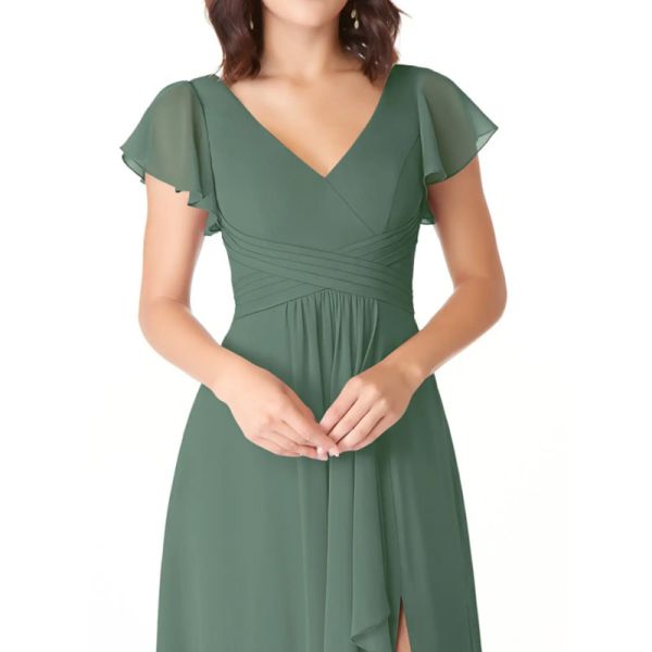 Hot Sale Factory Custom-made Chiffon Long Evening Dress A-Line Princess V-Neck Ruched V back Cap Sleeve