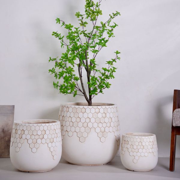 Lightweight Durable White Round Fiber Clay Planter Sweet Honeycomb Pattern