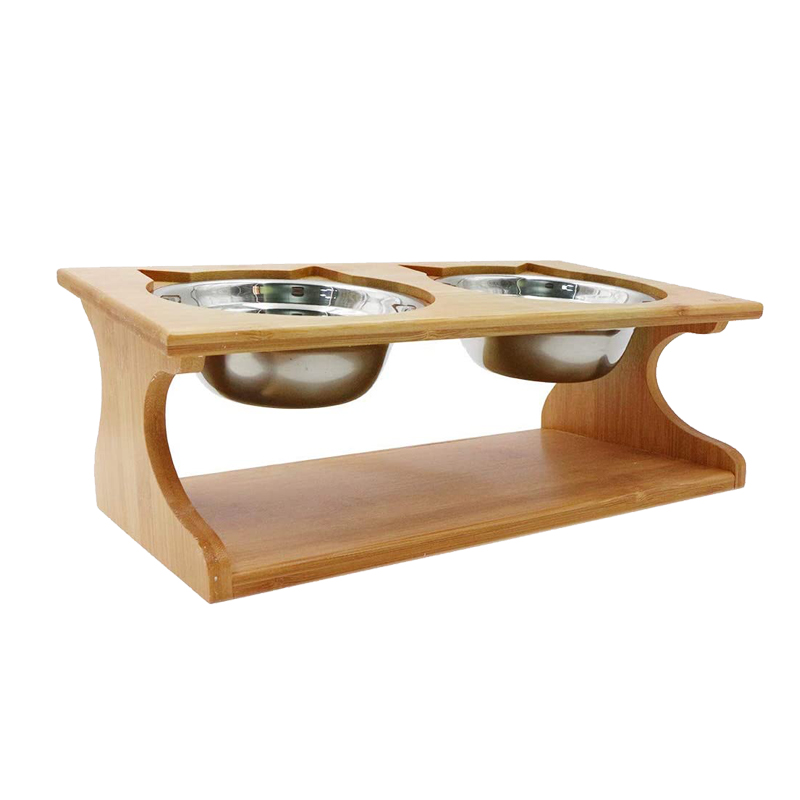 35x17.5x13cm Bamboo Elevated Dog Cat Food Stand Feeder with 2 Stainless Steel Raised Bowls Customer Logo