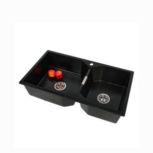 Quartz Stone Matte Black Kitchen Sink Double Bowl Hexagon Shape