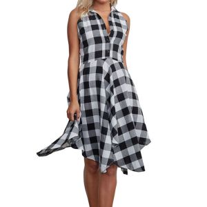 Women Plaid V-Neck Sleeve Casual Dress