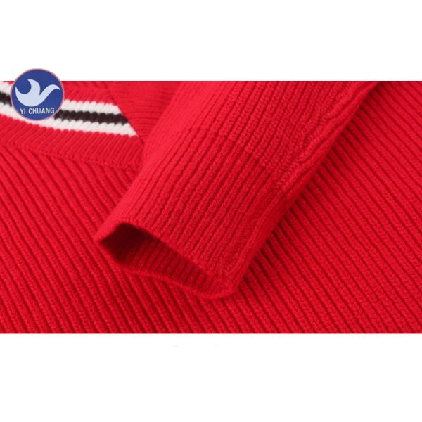 Chinese Red Womens Knit Pullover Sweater Half Striped V Neck Half Cardigan Knitting