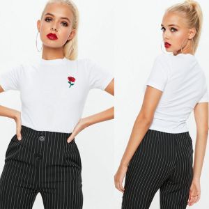 China White Rose Embroidered Crop T Shirt Clothing Women on sale
