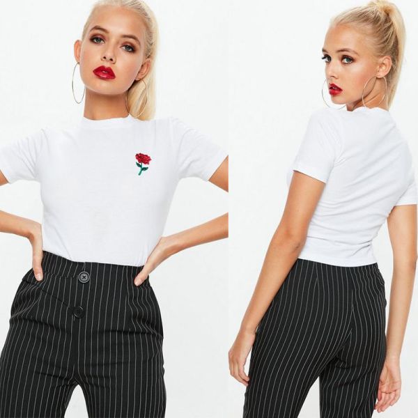 Buy White Rose Embroidered Crop T Shirt Clothing Women at wholesale prices