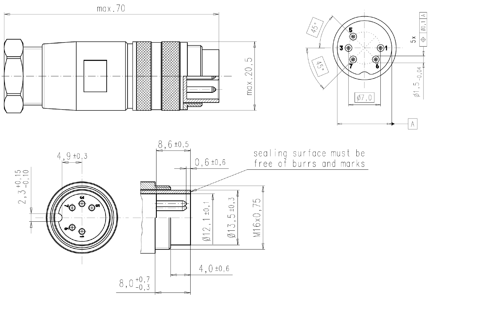 AISG C485 Male End 8 Pins M16 Waterproof Connector / Free Connector Assembly