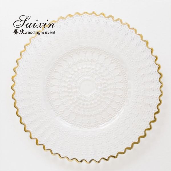 Buy Gold Clear Beaded Glass Charger Plates Round 32cm at wholesale prices