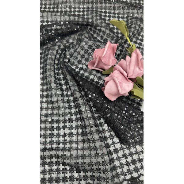 Black Sequin Embroidered Mesh Ground Opulent And Bold Fabric For Eye-Catching Evening And Gala Dresses