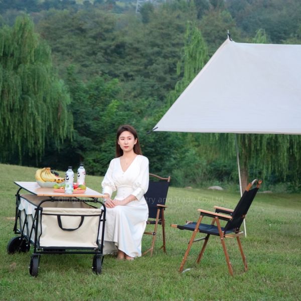 White Extended Four Wheel Camping Garden Folding Cart Hold Folding Table PVC Wheel