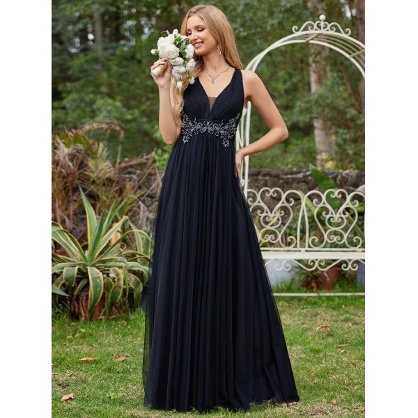 Sexy Empire Beaded Sleeveless V-neck Ruffled Spaghetti Strap A-line Black Tulle Prom Dress
