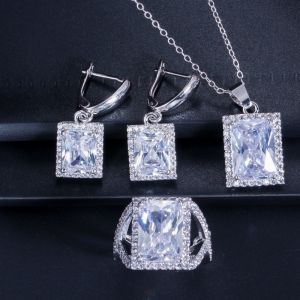 China Fashion Square Shiny Rhinestones Necklace Ring Earrings Wedding Jewelry Elegant Luxury New Women Jewelry Sets on sale