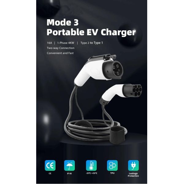 5M 16A / 32A Electric Vehicle Charging Cable Type 2 To Type 1 EV Charger Connector