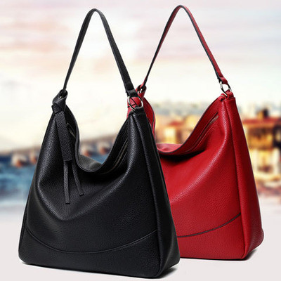 Buy Custom Black Leather Shoulder Handbags Cotton Lining Zinc Alloy Hardware at wholesale prices