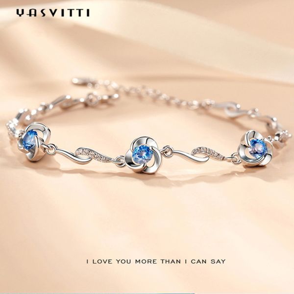 7.3in 5.2g Sterling Silver Jewelry Bracelets AAA CZ Blue Rhinestone Bracelet