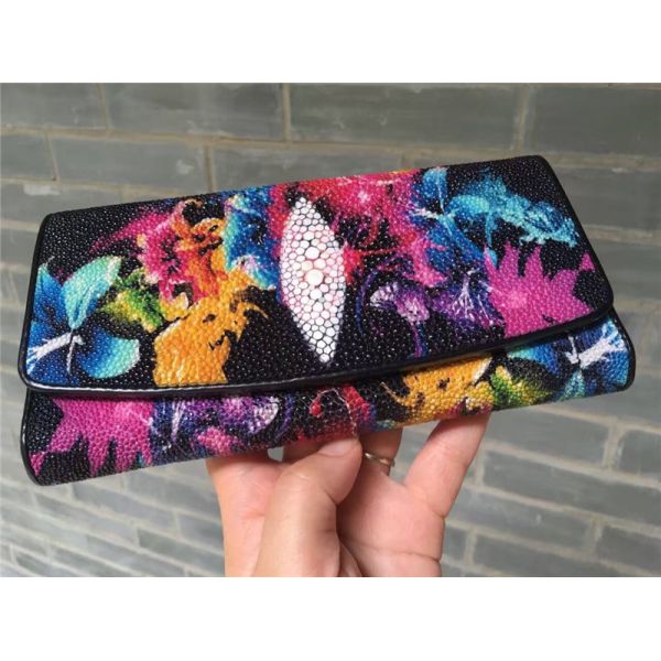 Authentic Stingray Skin Closure Female Large Flower Purse Wallet Genuine Leather Lady Phone Clutch Women Card Holder