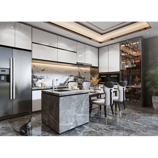 L-shaped modular kitchen cabinet with quartz countertop