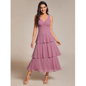 Multi-layered Hem V-neck Sleeveless A-line Purple Orchid Chiffon Wedding Guest