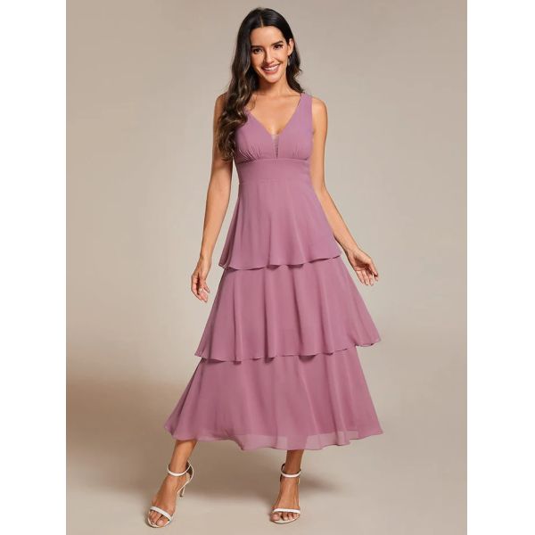 Multi-layered Hem V-neck Sleeveless A-line Purple Orchid Chiffon Wedding Guest