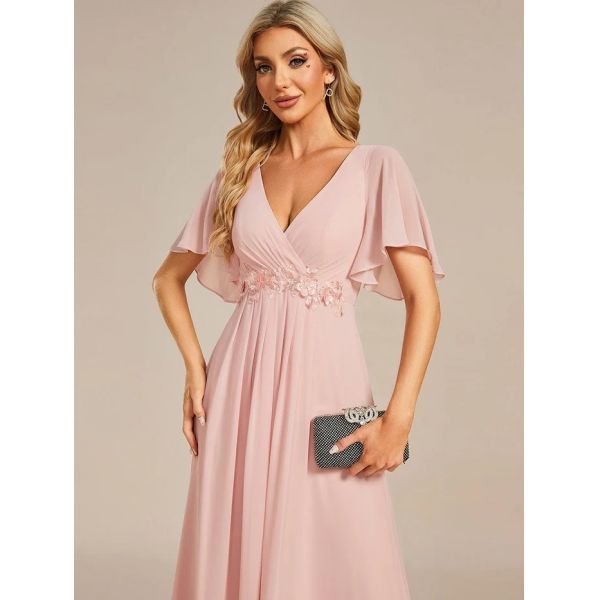 Sexy Empire Applique A-line Short Flutter Sleeves V-neck Invisible Zipper Pink Chiffon Homecoming Dress