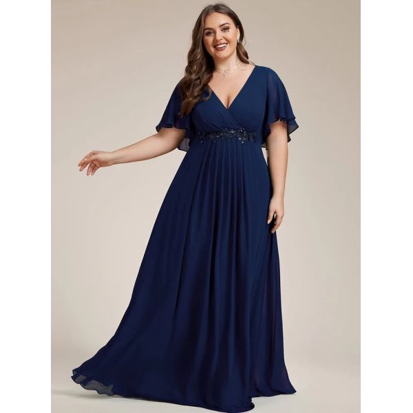 Empire Plus Size Applique Short Sleeve A-line V-neck Flutter Sleeves Invisible Zipper Black Chiffon Evening Dress