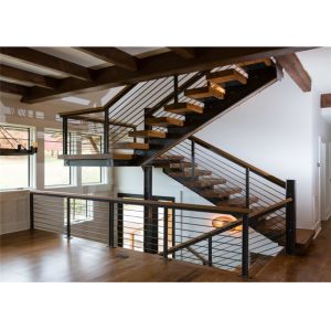 Cable Railing Steel Stringer Wood And Glass Staircase 3 Flights Straight DIY