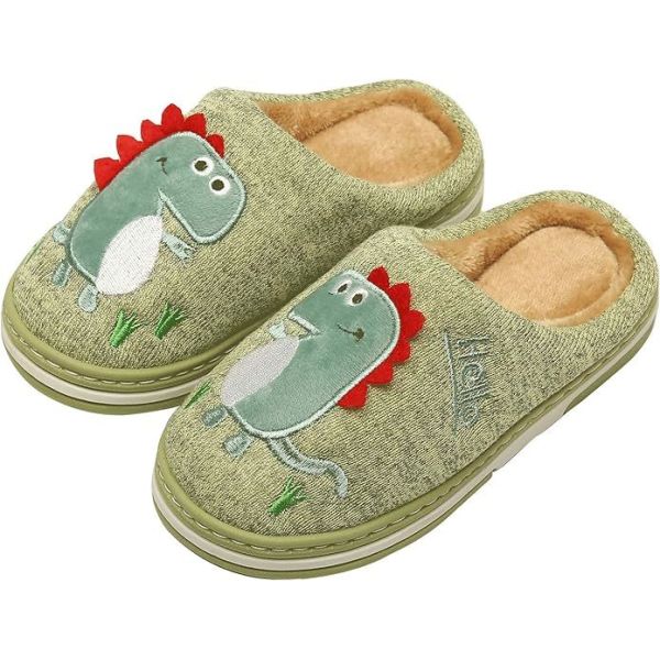 Fun DIno Featured Kids Slippers Warm Faux Fur Lining for Winter Comfort