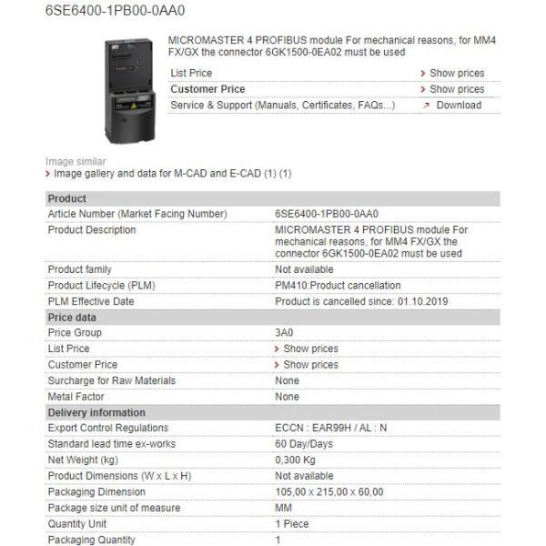 6SE6400-1PB00-0AA0 6SE6 400-1PB00-0AA0 Siemens Inverter Communication Module