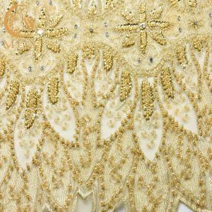 Heavy Sequined Gold Beaded Lace Fabric Soft Handmade 80% Nylon